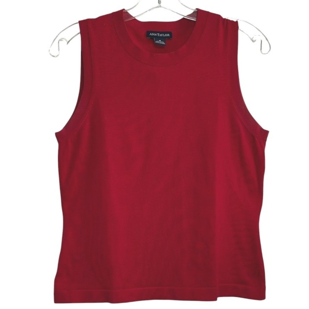 Ann Taylor Knit Top Women Red Silk Blend Sleeveless Crew Neck Luxury Capsule M
